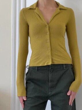 Reformation Irina Knit Long Sleeve Collared Ribed Slim Fitting Cardigan Top Sz S